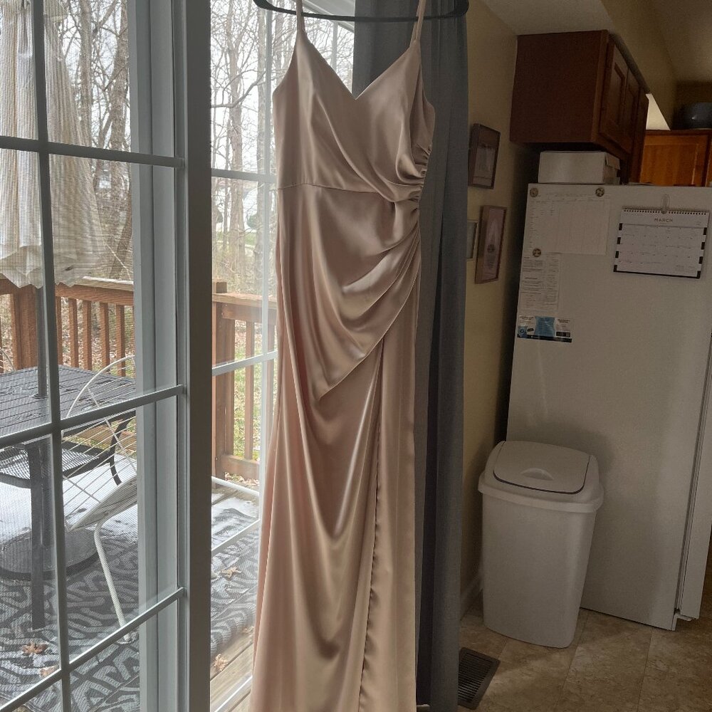 Revelry Rory Satin Dress in Gold Champagne Size 4, unaltered, dry cleaned